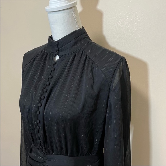House of Harlow 1960 Black with Sparkle Thread Ruched Long Sleeve Dress - Picture 3 of 16